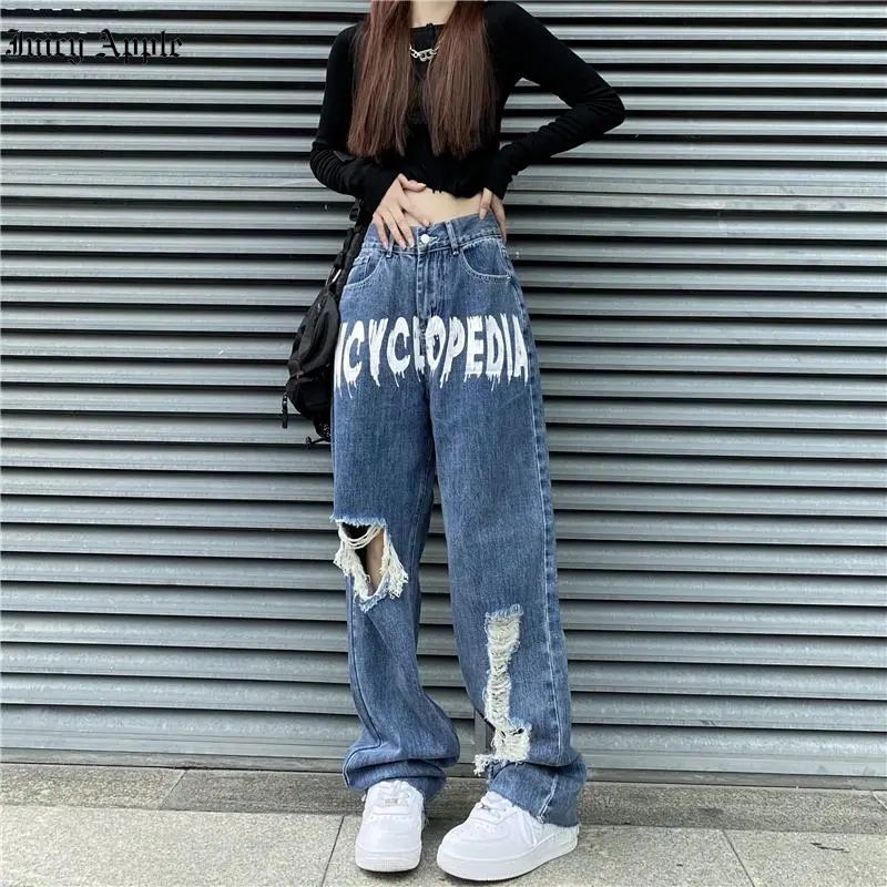 Juicy Apple Jeans Women Simple Asymmetric Hole Wide-leg Loose Autumn Cozy All-match Fashion Harajuku College Style Casual Chic